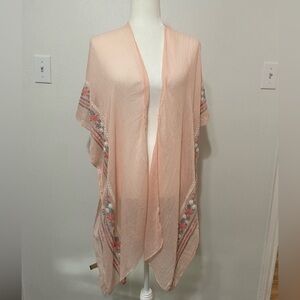 One size women's blush pink/peach embroidered open front long line kimono EUC